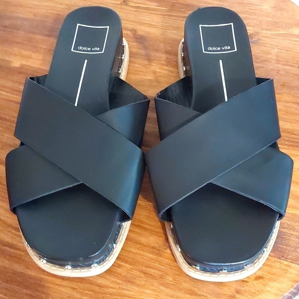 Dolce Vita|Womens Vegan Leather Black Strappy Sandal Slides Comfort Sz.6.5